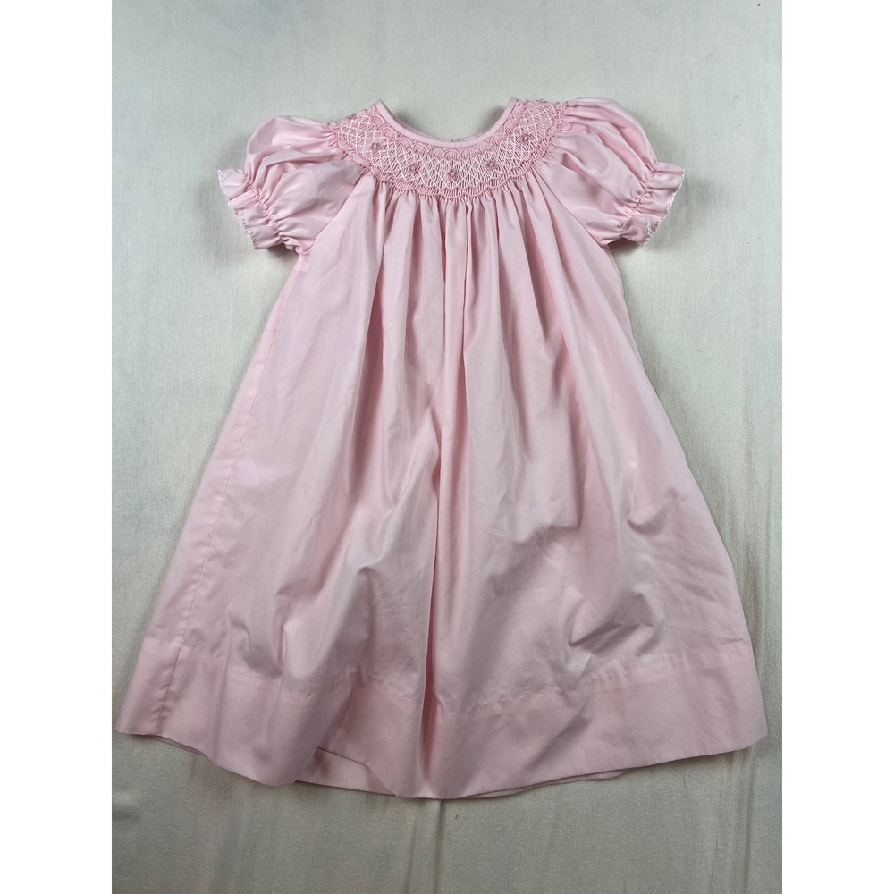 Petit Bebe Girls Pink Smocked Bishop Dress Floral Embroidery Pearl Accents 2T